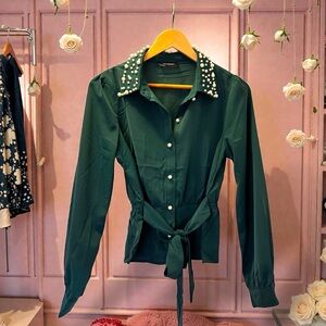 Lulumari Teal Button Down Shirt with Pearl Collar